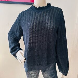 J. Crew Black Sheer Ruffle Mock Neck Sweater